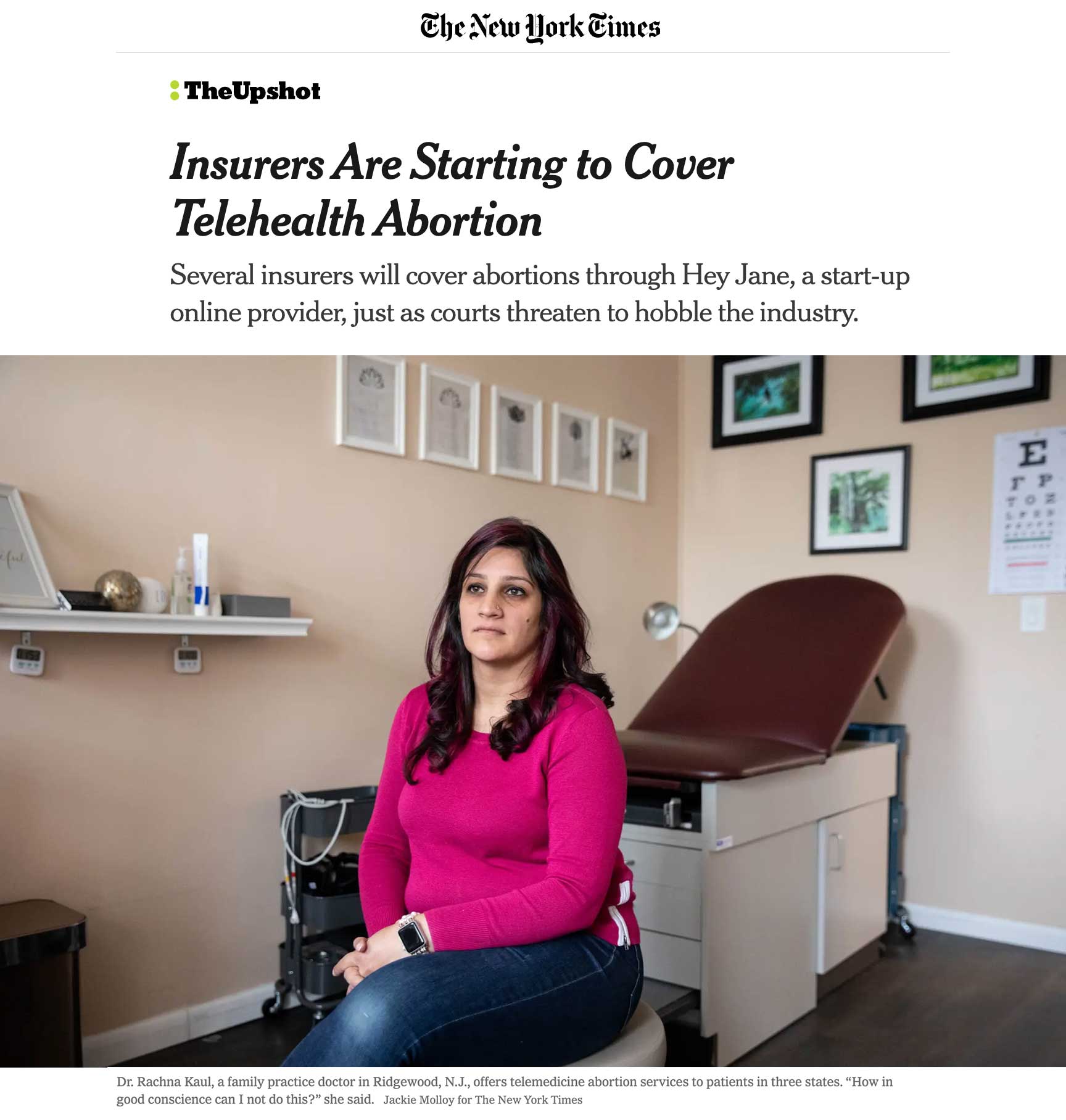"Insurers are starting to cover telehealth abortion" - New York Times, Dr. Ruchi Kaul MD